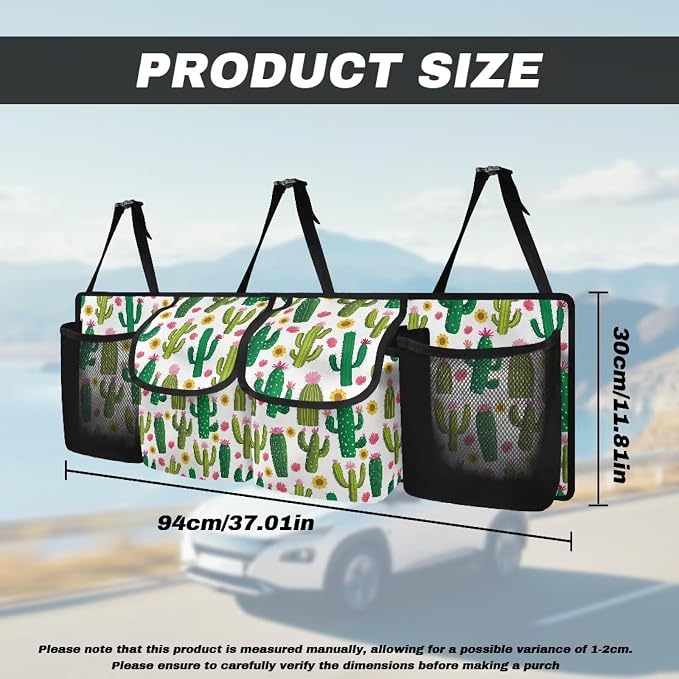 Dreaweet Green Cactus Print Trunk Organizer for Car Collapsible Car Organizers and Storage with 4 Pockets Hanging Back Seat Organizer Car Storage Accessories Interior for Women