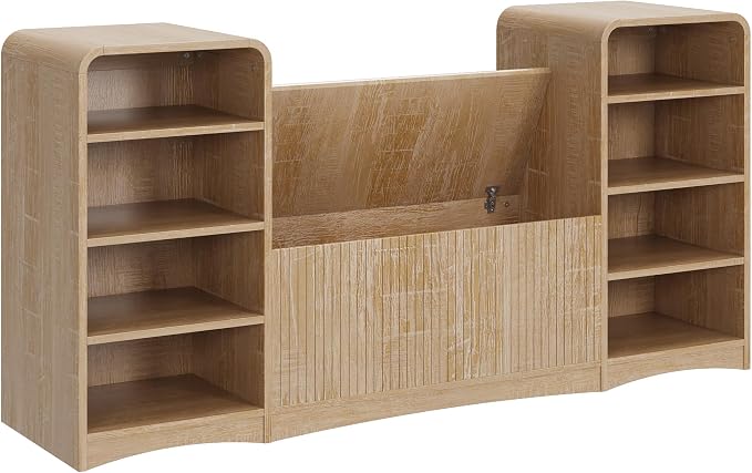 U-Shaped Shoe Cabinet Bench with Flip-Open Box & Shelf, Natural | 63" W Lift-Top Storage Wooden Bench for Entryway, Living Room, Hallway