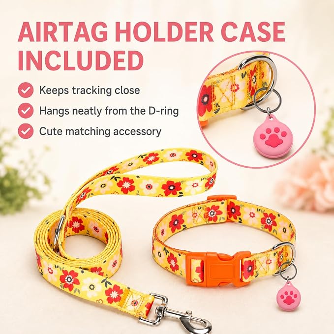 Floral Matching Dog Collar and Leash Set with AirTag Holder-Orange Daisy/S | Anti-Lost,Adjustable Durable Pet Collar Leash Combo for Small Boy Girl Dogs,for Outdoor Walking Hiking Training Running