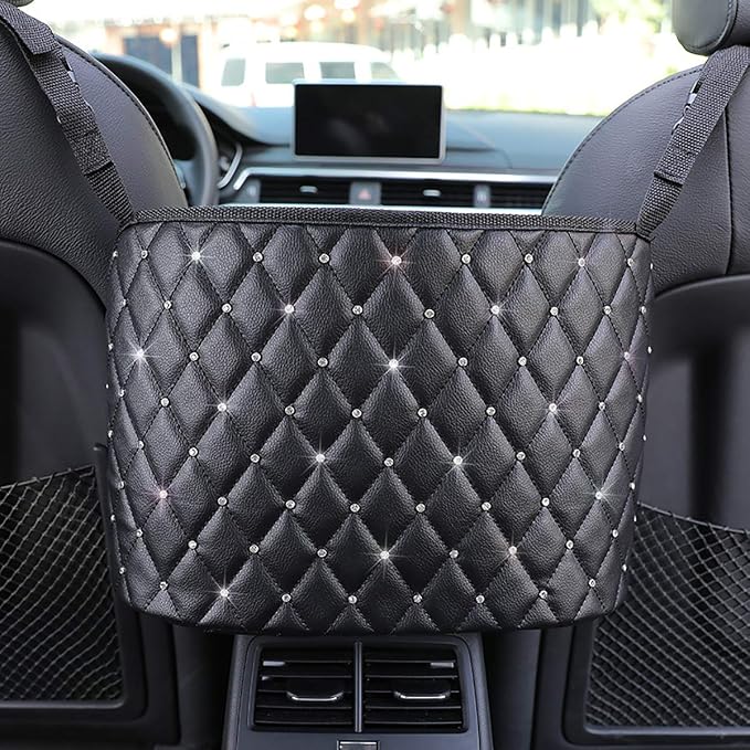 Car Net Pocket Handbag Holder with Diamond Bling Driver Netting Pouch, Handbag Holder Front Seat, Barrier of Backseat Pet Kids Storage & Pocket (Black with Diamond)