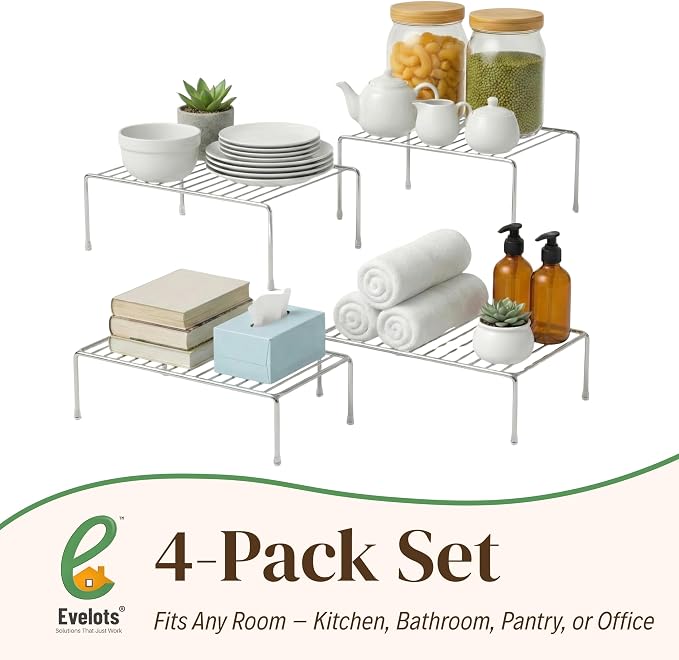 Evelots Wire Shelf Organizer Set, Large Metal Cabinet Risers, 4-Pack Chrome | Four large rustproof metal shelf organizers create extra storage space in kitchen cabinets, pantries, freezers and bathrooms.