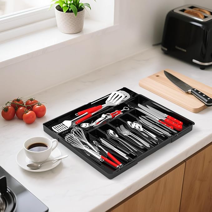 Large Silverware Organizer, Expandable BPA Free Kitchen Silverware Drawer Organizer, 9 Slots Cutlery Utensil Tray with Dividers, Adjustable Flatware Storage Holder for Spoons Forks Knives