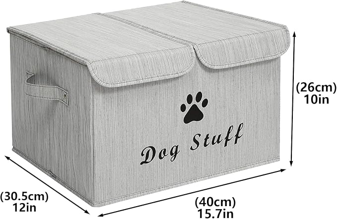 Large Storage Boxes - Large Linen Fabric Foldable Storage Cubes Bin Box Containers with Lid and Handles for Dog Apparel & Accessories, Dog Toys(BambooGray)