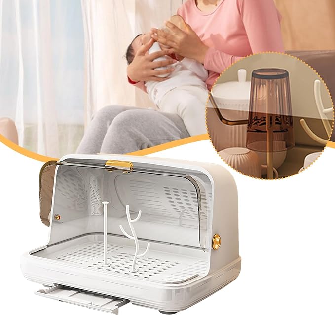 harayaa Rack Rack with Cover Storage Box Organizer Portable PET Material Dustproof Dish Drainer Easy to Clean for Nursery Suitable, White Medium