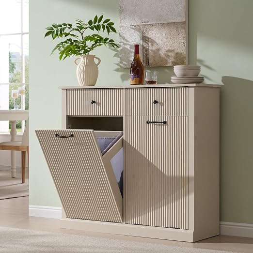 IFGET Double Tilt-Out Trash Cabinet, Fluted Laundry Hamper Cabinet, Cream