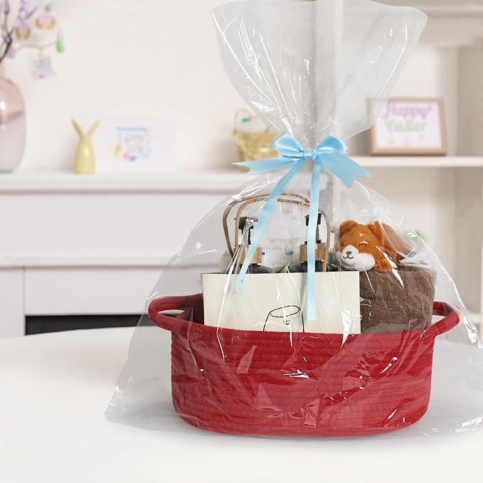Red Woven Basket, 13" x 9" x 5" Baskets for Gifts Empty, Cute Cotton Rope Cat Dog Toy Bin Box, Small Woven Bin for Organizing, Red Room Decor, Nursery Cloth Diaper Storage Organizer