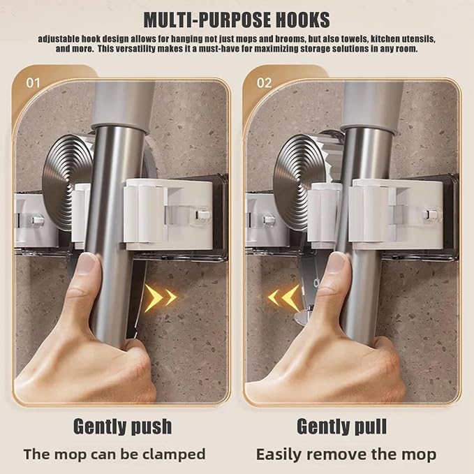 Broom Holder Wall Mount Suction Cup, 2pcs Suction Cup Broom Organizer with Hook, No Drill Wall Hanging Mops Storage Racks for Bathroom Kitchen Saving Space (Gray)
