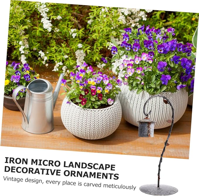 KICHOUSE Micro Landscape Iron Hanging Rack and Bird Hut Cage Stand Vintage Rust Design for Desktop Decor Flexible Iron Holder for Home and Garden Adornments Light Grey