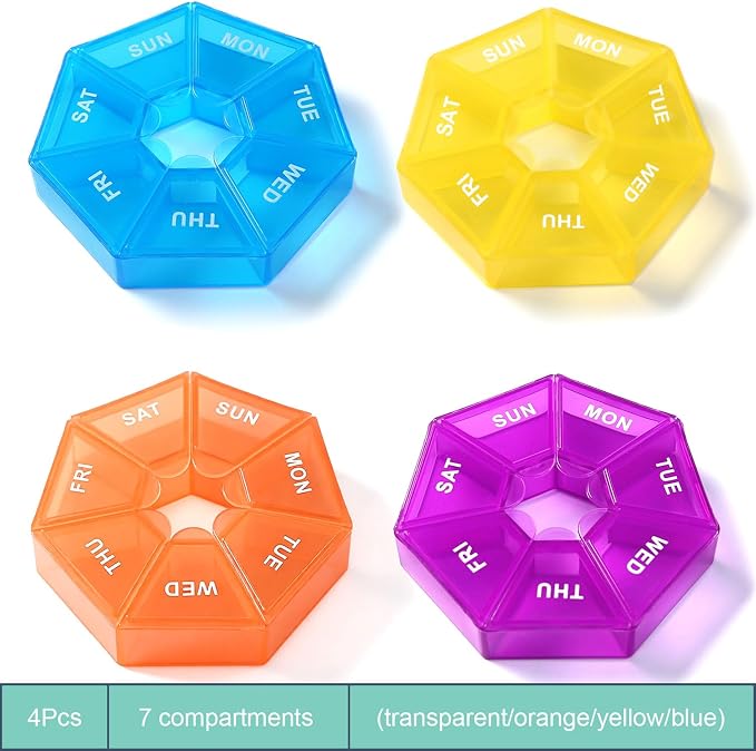 4 Pack Small Travel Pill Organizer, Small Portable Pill Dispenser | Weekly Medicine Box Storage Case, Vitamin Fish Oil Supplement Holder Reminder, Arthritis-Friendly, Yellow Blue Purple Orange