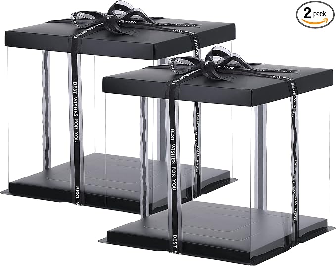 XININSUN 2Pcs Large Cake PET Clear Box, 10" X 10" X 9" with ribbon and pre-folded lid, for 8" cake packing carry, baking cookie display, Carry Tall Layer Gift, Festive Gift Box -Black | pre-folded lid, for 8" cake carrier, Carry Tall Layer Gift, Festiv...