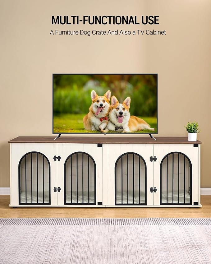 Hzuaneri 70.9" Double Dog Crate Furniture, Dog Kennel Indoor with Cushion | Heavy Duty Dog Crate Furniture for 2 Dogs,Dog Cage End Table TV Stand with Divider for Med-Large Dogs,White Brown DFC81914B