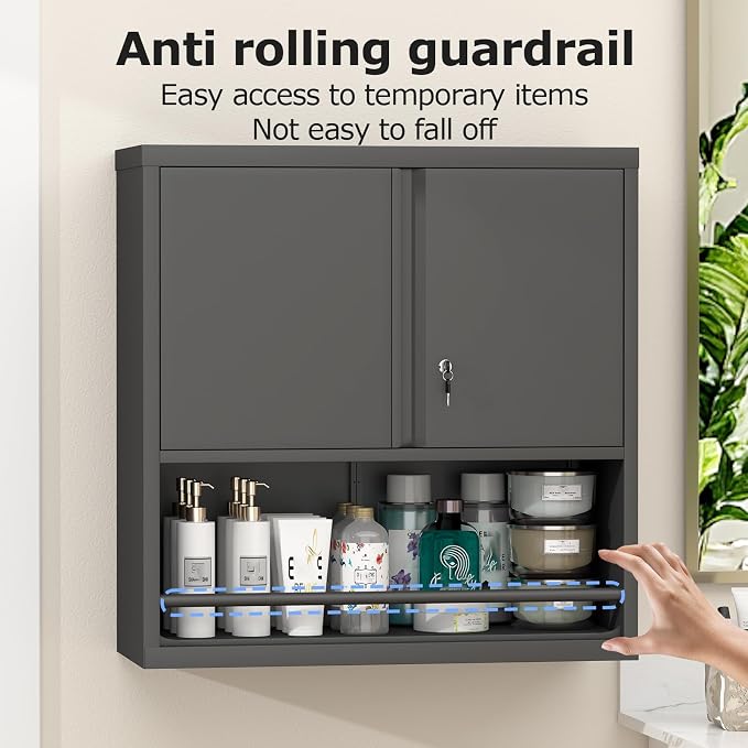 Metal Wall Cabinet, Garage Wall Cabinet with Lock, Wall Mounted Heavy Duty Steel Tool Cabinet with Door and Shelf, Locking Cabinet for Garage Warehouse Bathroom Kitchen, Black