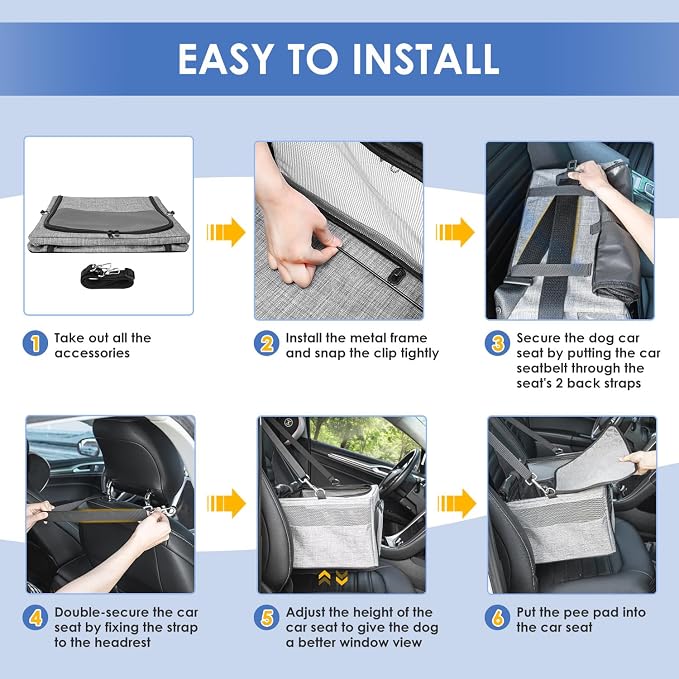 SlowTon Dog Car Seat - with Reinforced Metal Frame for Pets up to 15lbs | Safe Pet Car Seat with Safety Belt & Waterproof Pee Pad & Top Cover, Portable Collapsible Puppy Carrier Bag for Small Dogs