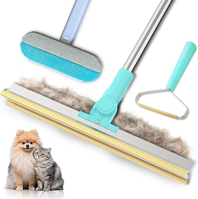 Carpet Rake for Pet Hair Removal - 3 in 1 Reusable Dog Cat Hair Remover Scraper with Adjustable Long Handle, Carpet Clean Brushes & Cat Dog Fur Rakes Scraper Broom for Couch, Rugs, Mats and Cars