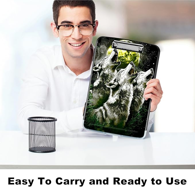 Three Gray Wolves A4 Clipboard with Storage Pen Holder, Clipboards Organizer Nursing Clipboard Foldable File Folder Plastic Clipboard Folio Clip Board for Office Students Classroom Doctor