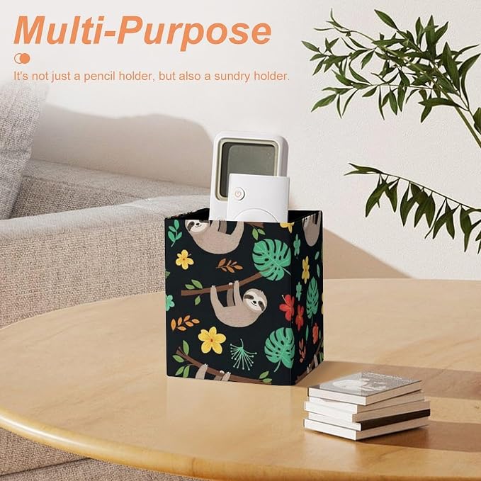 Pen Organizer Pencil Holder, Makeup Brush Organizer Pu Leather Desktop Holder Box Floral Flowers Cute Branch Sloth Desk Decor Accessories
