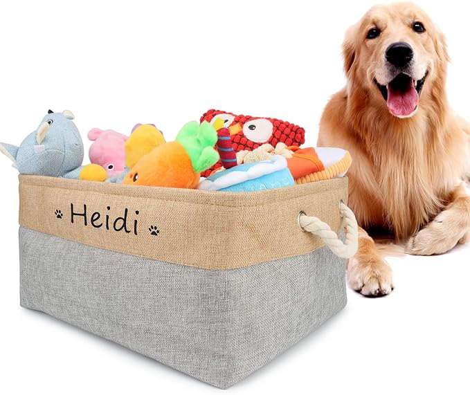 Personalized Dog Toy Storage Basket Bin Collapsible Customized Pet's Name Storage Box Organizer for Dog Toys、Dog Clothing、Dog Apparel & Accessories(Grey-L)