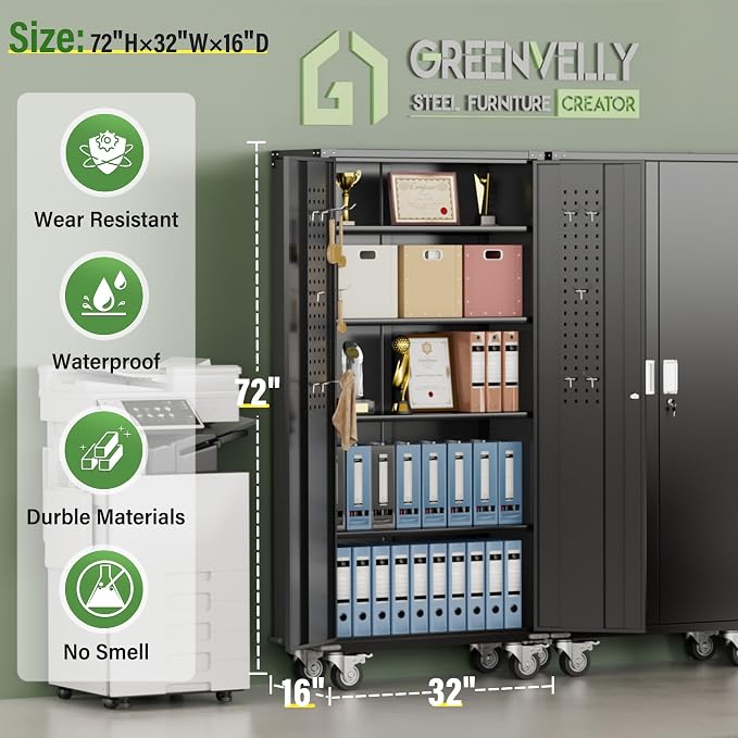Greenvelly Metal Storage Cabinet with Wheels, 72" Black Garage Rolling Cabinet with Doors and 4 Shelves, Steel Locking Cabinets Tall Tool Lockable Storage Cabinets for Basement, Pantry, Home Office