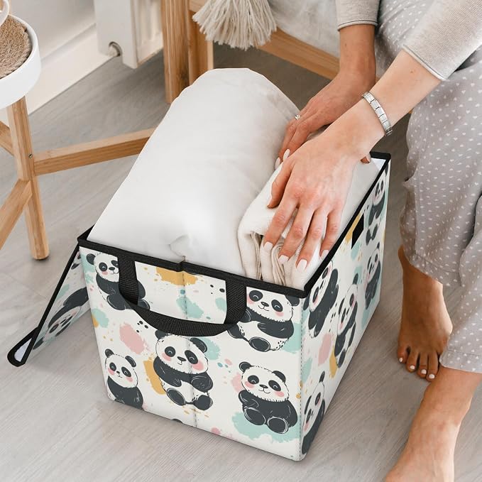 Panda Storage Bins with Lids, Cute Animal Foldable Storage Boxes with Carrying Handle Organizer Containers Baskets Cube for Home Bedroom Closet