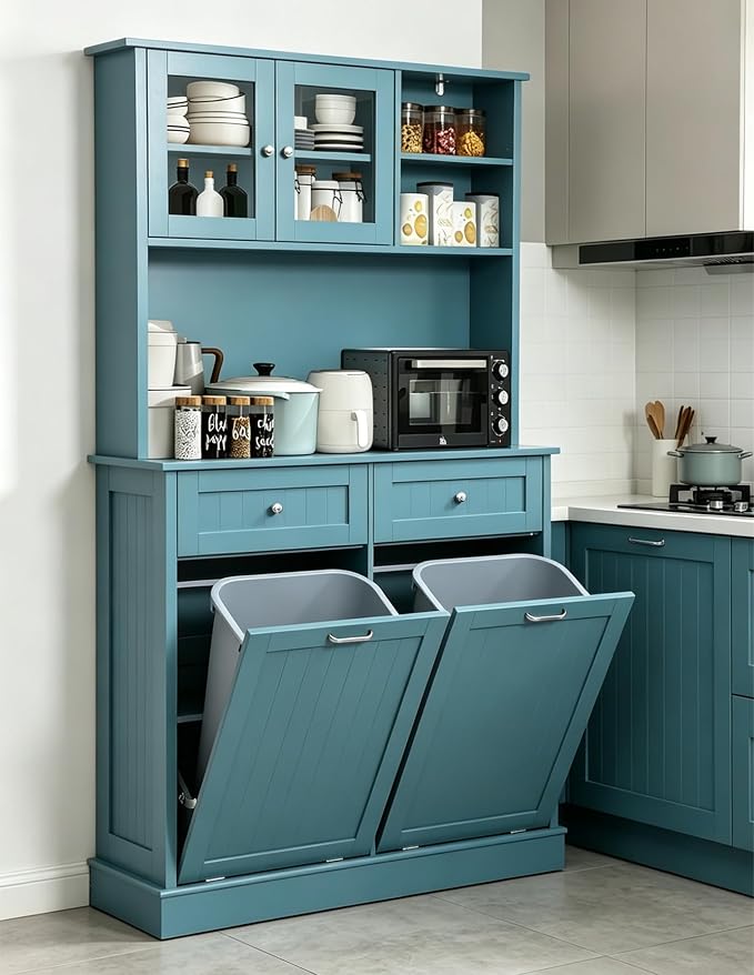 LOUVIXA 68.4" Kitchen Pantry Storage Cabinet, Freestanding Cupboard with Shelf, 2 Drawers and 2 Tilt Out Trash Cabinet, Tall Cabinets for Kitchen, Dinning Room, Living Room (Deep Teal, Double Tilt)