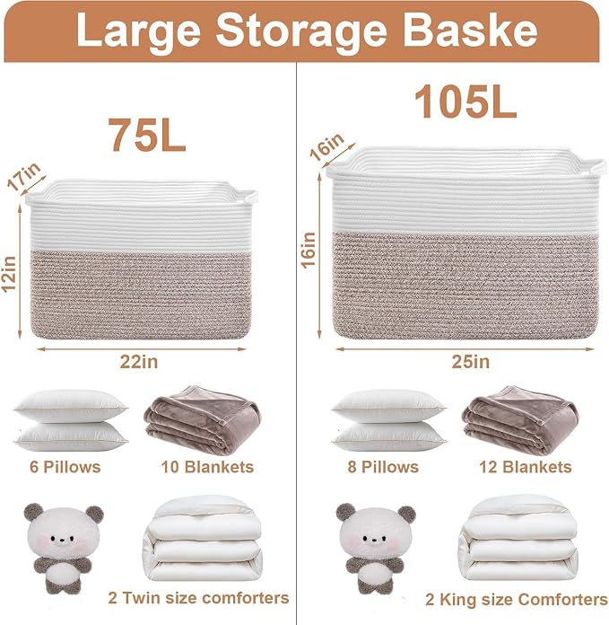 75L Large Blanket Storage Basket with Handles - White & Brown | Extra-large clothes storage bin. Soft cotton, foldable, washable.Holds blankets, pillows for living room, bedroom, dorm.