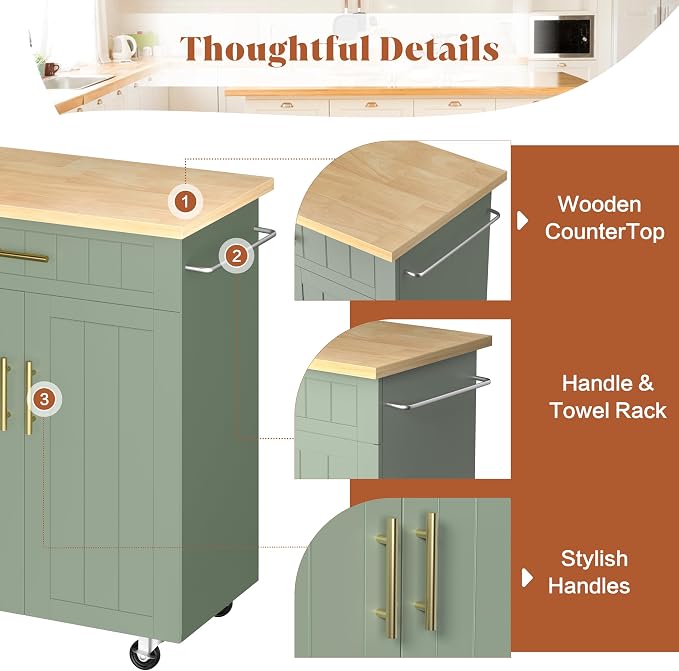 JY QAQA 26" Kitchen Island on Wheels with Storage Cabinet Kitchen Cart Cabinet with Shelves, Cart Handle for Towel Rack or Free Mobility, Portable Islands for Kitchen,Green