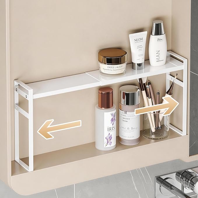 Expandable Medicine Cabinet Organizer, White | Heavy-Duty, Metal, Adjustable Shelf Trays, For Bathroom, Kitchen, Narrow Spaces, Space-Saving Storage Solution