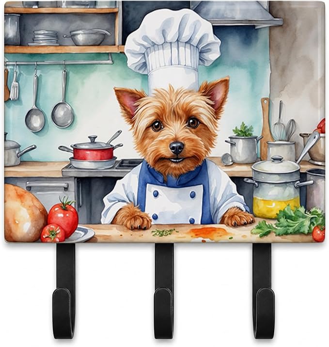Caroline's Treasures Australian Terrier The Chef Leash or Key Holder Wall Hooks, Key Hooks Holder, Coat Rack Wall Mount, Coat Hooks, Hooks for Hanging Keys, Towels, Aprons, Leashes | Australian Terrier The Chef artwork on ceramic tile with three steel ...