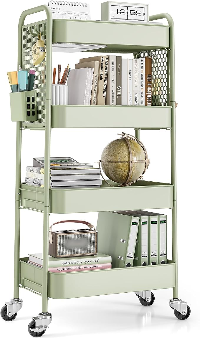TOOLF 4 Tier Rolling Cart, Metal Utility Storage Cart with Pegboard, Green | 2 Bins & 4 Hooks, Screwless Assembly, Lockable Wheels, Trolley Organizer for Bathroom, Kitchen, Office, Dorm, Craft Room
