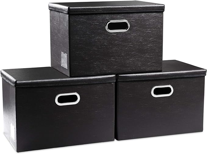 Large Foldable Storage Bins with Lids [3-Pack] Leather Fabric Collapsible Storage Boxes Organizer Containers Baskets Cube with Cover for Home Bedroom Closet Office Black(17.7x11.8x11.8)