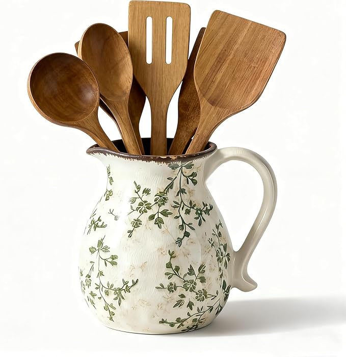 Rustic Ceramic Utensil Holder, 6.1"Farmhouse Cooking Utensil Holder | Utensil Organizer Crock with Handle for Kitchen Counter, Vintage Countertop Home Decor, Flower Pot, Spoon Tool Tray