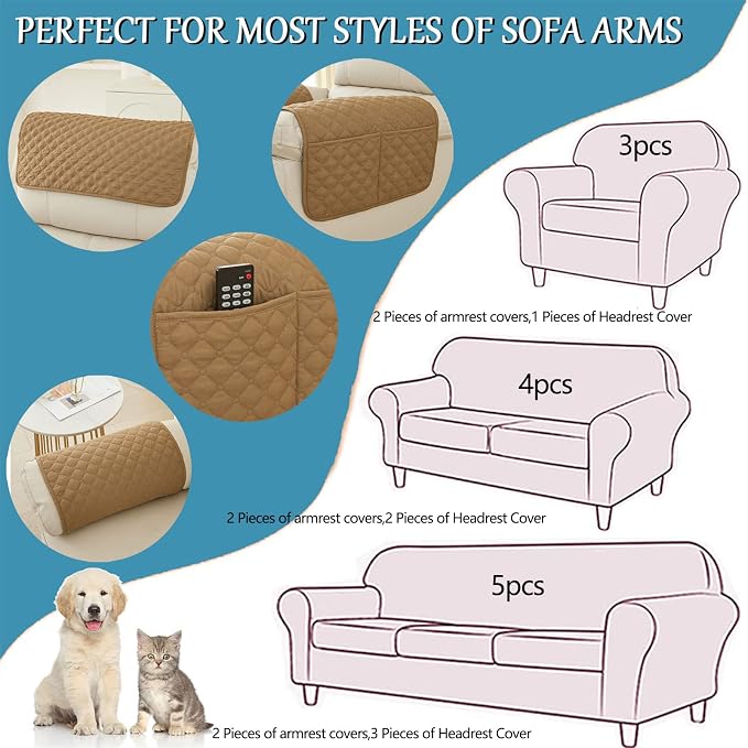 Water-Resistant Sofa Armrest and Headrest Covers, 2 Pockets | Quilted polyester helps shield recliners, loveseats and sofas from daily wear; silicone backing and fasteners improve grip