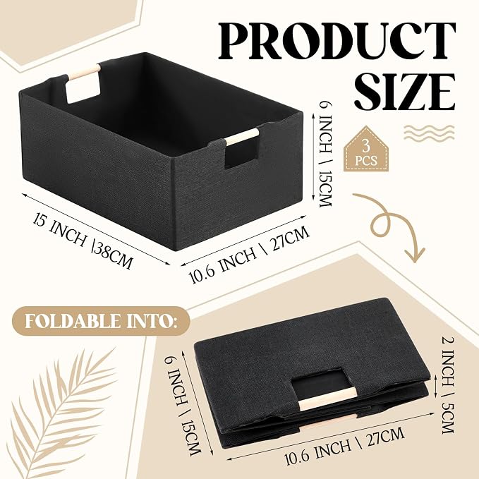 Cinnvoice 3 Pack Fabric Storage Bins for Closet Shelves, 15 x 10.6 x 6 Inch Black Rectangle Wardrobe Organizer with Handle, Collapsible Shelves Storage Basket for Sorting Clothes and Toy