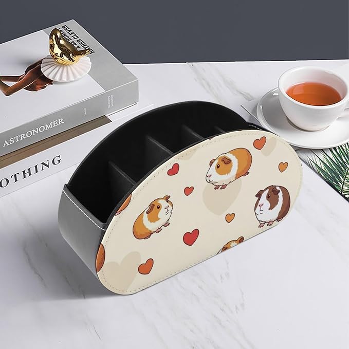 TV Remote Controllers Holder Cute Guinea Pig Pets Bedside Table Organizer | Desktop Storage Caddy Box, Cute Guinea Pig Pets, Pu Leather, 5 Compartments for Controller, Media Player