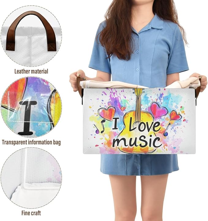 I Love Music Quoted Musical Guitar Storage Basket Foldable Cube Storage Bins with Handles&Label Collapsible Organizer Box Bin Large Rectangle Decorative Baskets for Shelves Home Living Room Closet