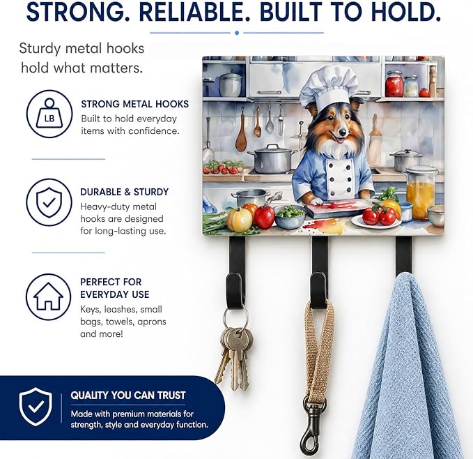 Caroline's Treasures Sheltie The Chef Leash or Key Holder Wall Hooks, Key Hooks Holder, Coat Rack Wall Mount, Coat Hooks, Hooks for Hanging Keys, Towels, Aprons, Leashes | Sheltie The Chef artwork on ceramic tile with three steel hooks for keys, leashe...