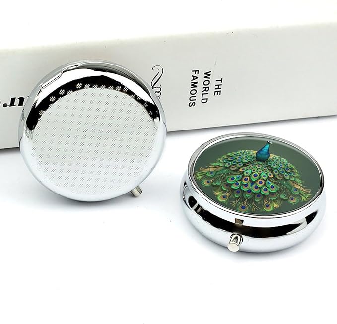 3 Compartment Medicine Pill Case, Peacock with Tassels Round Pill Box, Portable Decorative Medicine Organizer for Pocket Or Purse Vitamin Organize