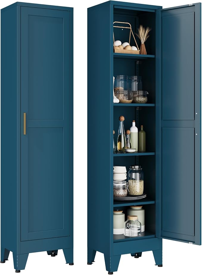 YAUWOH White Narrow Metal Storage Cabinet, Tall Freestanding Cabinet with 4 Adjustable Shelves & Barn Doors, Pantry Organizer for Bathroom Kitchen Home Office Dining Room（1PC,Blue