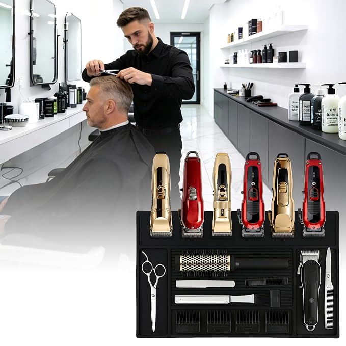 Magnetic Barber Mat for Clippers, Station Organizer with 6 Magnets | Silicone Material, Anti-Slip Surface, Heat-Resistant, Waterproof, Easy Clean, Tool Slots Design, For Barbershop & Salon