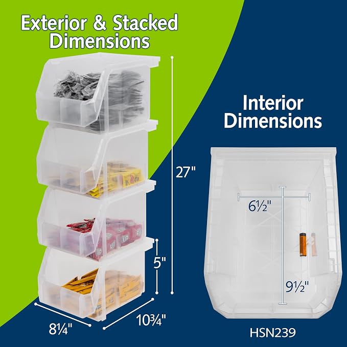 Medium-Tall Stackable Plastic Storage Bins, 4-Pack, Clear | Open-Front Stackable Bins For Garage, Pantry, Closet & Office, 7"L X 11"W X 8"H, Nests When Empty, Durable Plastic