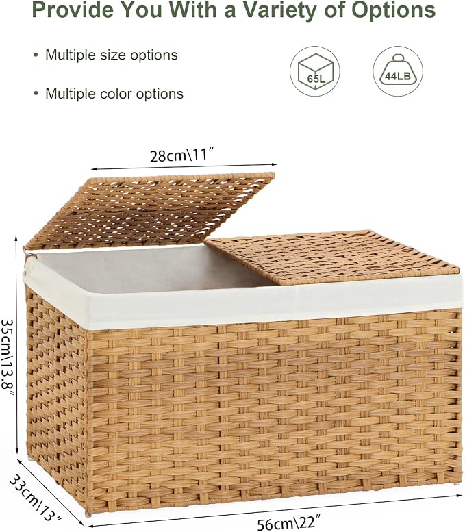 SETVSON Storage Basket with Lid Rattan Woven Storage Baskets with 2 Separate Lids, 17.2 Gallon (65 L), 22 x 13 x 13.8 Inches,Foldable, 2 Removable Liner Bags Handles for Bedroom, Laundry Room Natural