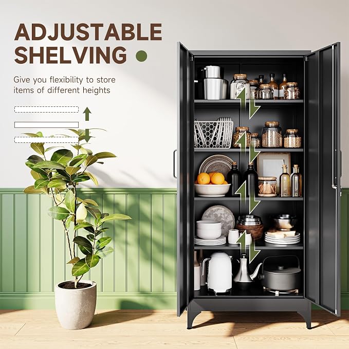 71" H Metal Storage Cabinet with 2 Doors and 4 Shelves,Tall Kitchen Pantry Cabinets,Utility Pantry Organizers for Cupboard/Dining/Bathroom/Home Office/Garage, Steel Tool Cabinets