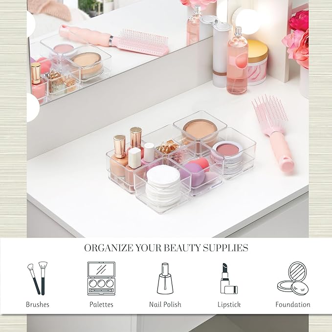 STORi SimpleSort 6-Piece Stackable Clear Drawer Organizer Set | 3" x 3" x 2" Square Trays | Small Makeup Vanity Storage Bins and Office Desk Drawer Dividers | Made in USA (Pack of 2)