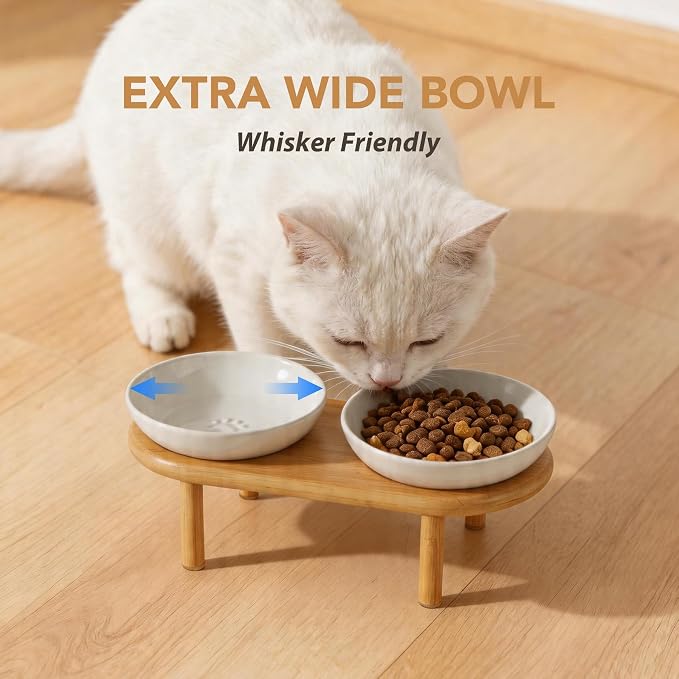 Havniva Elevated Cat Bowls, Ceramic Cat Bowl with Bamboo Stand Wide Opening | 5.7” Raised Cat Food Bowls, Whisker Friendly Cat Dish, Anti-Slip Cat Water Bowls, Shallow Cat Bowls, Cat Food & Water Bowl