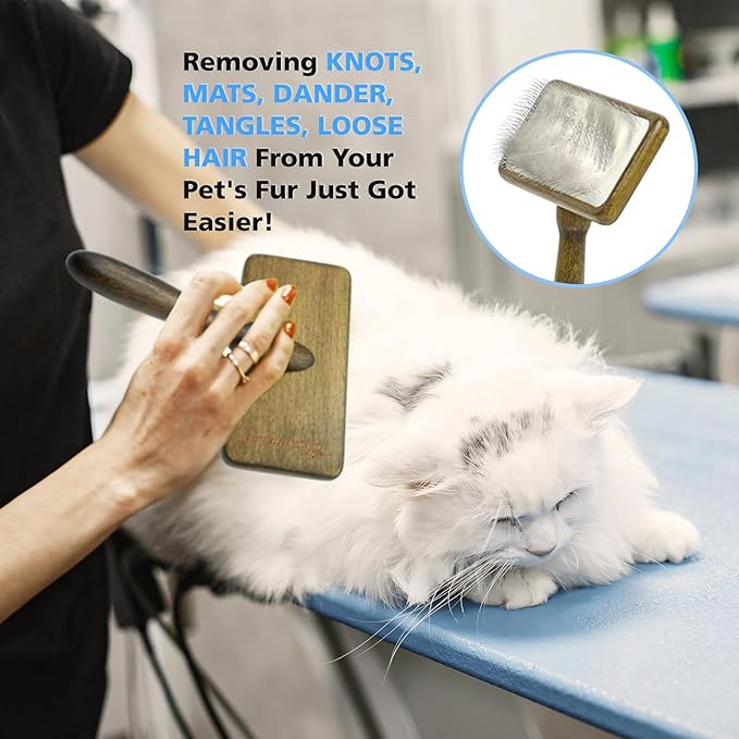 Dog Slicker Brush with Wooden Handle for Dogs & Cats, Doodle Brush for Goldendoodles, Poodles & Labradoodles, Removes Loose Hair, Mats, Tangles & Dirt, Grooming Brush for Thick Curly Coats