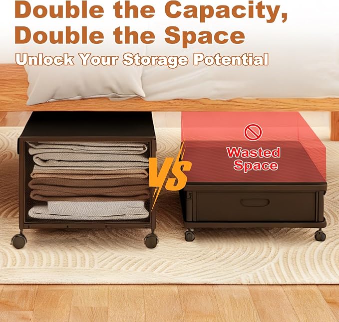 Fokyfok 2Pack Under Bed Storage Containers,12 inch Height,31 inch Long | Under Bed Shoe Storage,Underbed Storage with Wheels,Large Rolling under bed Clothes Storage Drawers,Lid,Dorm Tall,Black