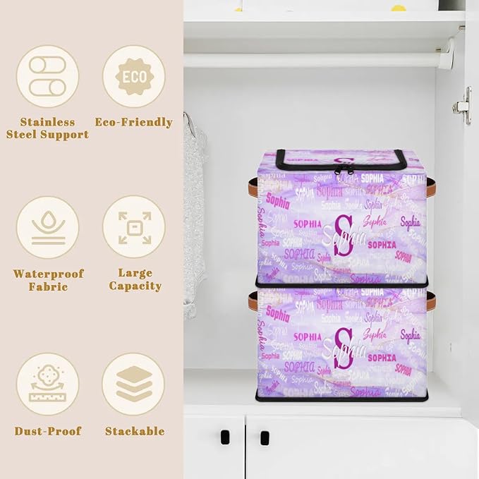 Custom Rectangle Storage Basket Zipper Lid, Personalized Name Organizer Bin for Pet/Children Toys, Books, Clothes, Perfect for Rooms/Playroom, Light Purple Marble Texture