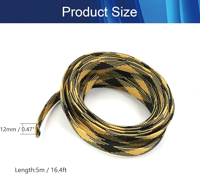 Jutagoss PET Expandable Braided Cable Sleeve, 16.4ft - 1/2 inch Black Yellow Cable Management Sleeve, Wire Loom Tube Cord Protector for USB Cable, Power Cord, Audio Video and More, 1Pc