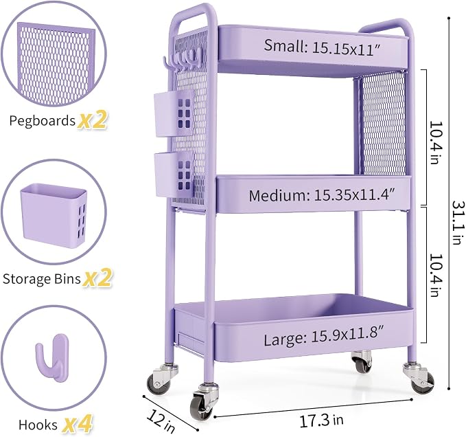 TOOLF 3 Tier Rolling Cart Storage Organizer, Metal Rolling Utility Cart with Wheels, Hooks & Bins Esthetician Craft Art Sturdy Storage with Pegboard for Bathroom, Kitchen, Office, Nursery Diaper