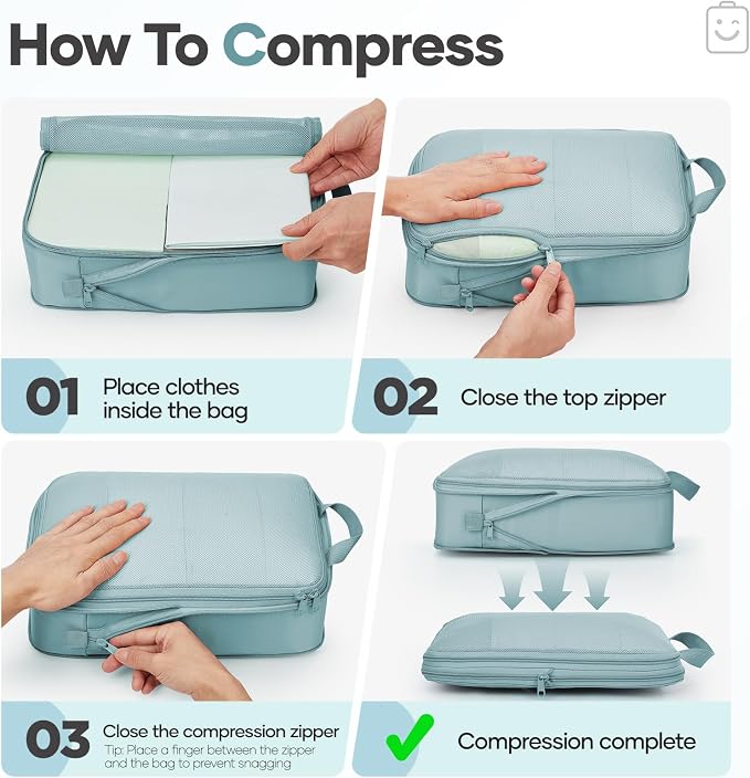 Veken 9/11 Set Compression Packing Cubes Garment Bags for Travel Essentials,Compressible Expandable Luggage Organizer Bags for Clothing,Space Saver Bags with Over 1000 pcs of Mesh Holes(Blue Gray)